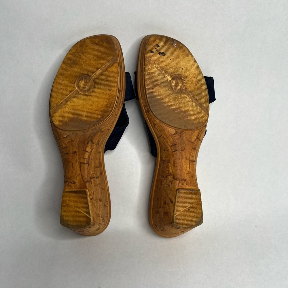 Vintage‎ ITALIAN SHOEMAKERS Navy Blue Fabric Open Toe Wedge Sandals Sz 8 - Picture 7 of 8